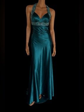 Vintage Interlude Teal Satin Halter Prom Dress Small Y2K Beaded Formal